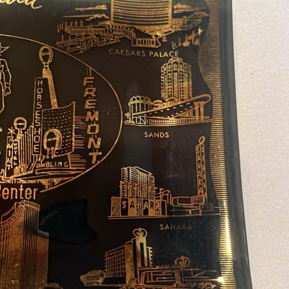 Vintage Souvenir Las Vegas Trinket Dish Gold Casino Graphics MCM Madmen Retro - Picture 3 of 7